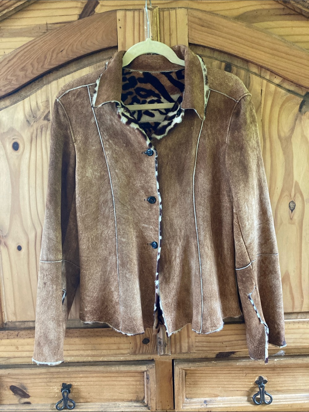 Women Sylvie Schimmel brown lamb shearling long sleeve coat size 8